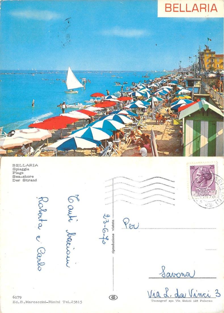 Bellaria. Spiaggia. Viaggiata 1970