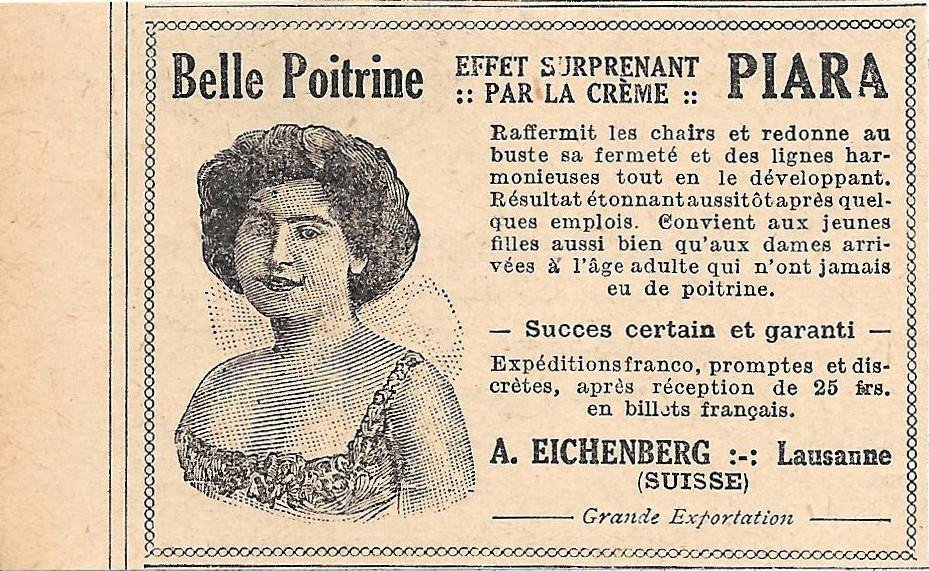 Belle poitrine par la creme Piara. A.Eichenberg. Lausanne. Pubblicita 1926