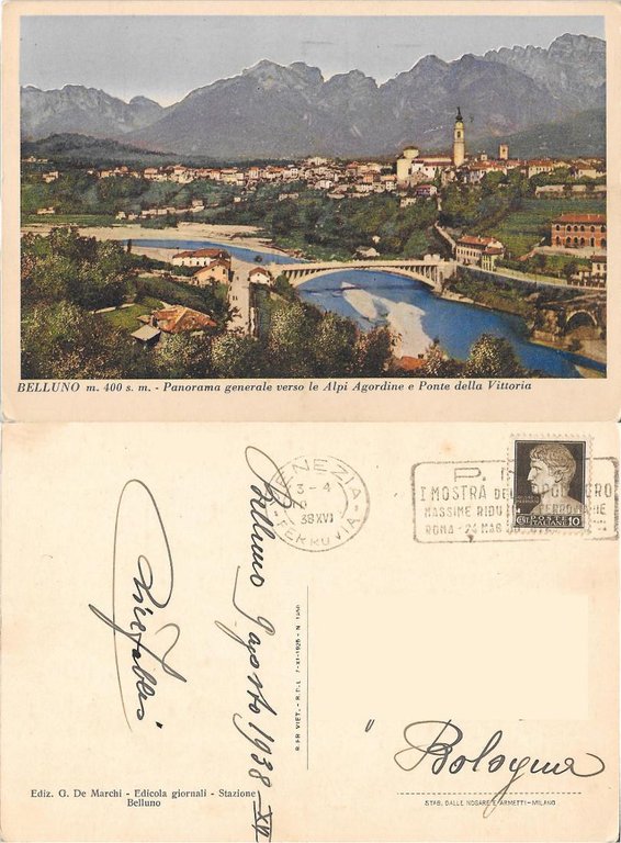 Belluno. Panorama verso le Alpi Agordine e Ponte della Vittoria. Viaggiata 1938
