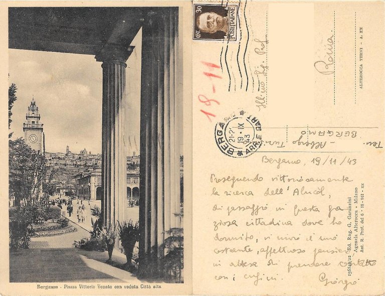 Bergamo. Piazza V. Veneto con veduta Città alta. Alterocca. Viaggiata 1943