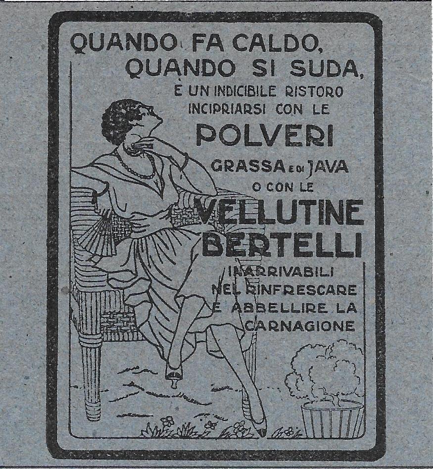 Bertelli. Polveri grassa e di Java; velluttine. Advertising 1920
