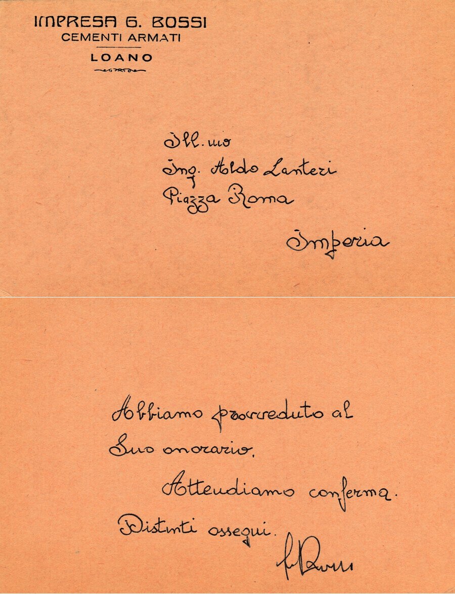 Biglietto Impresa G. Bossi cementi Armati, Loano. Non viaggiata