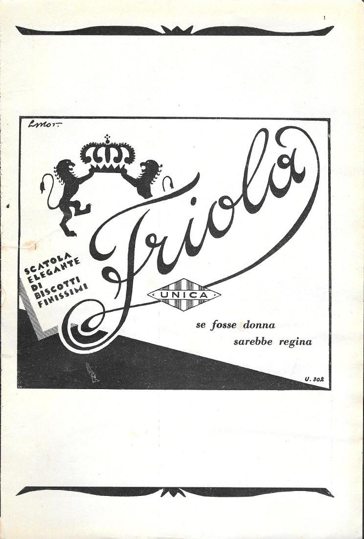 Biscotti Friola. Unica. Advertising 1930