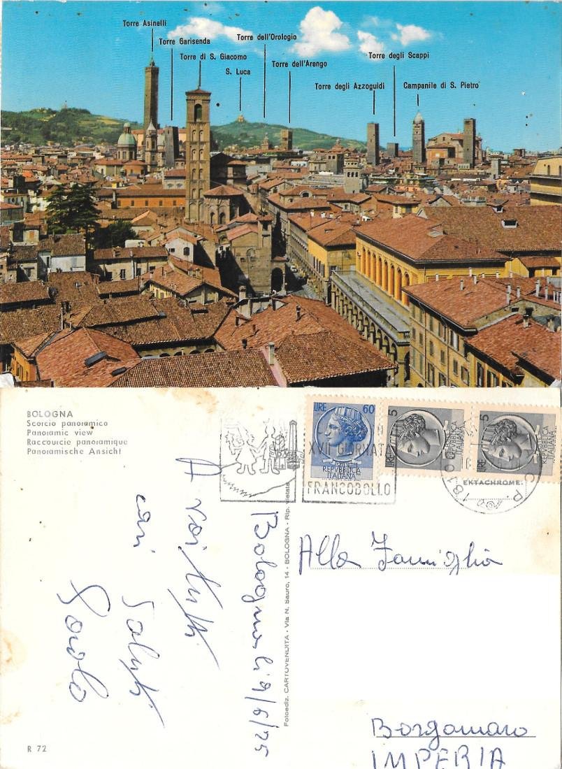 Bologna. Scorcio panoramico con nome torri. Viaggiata 1975