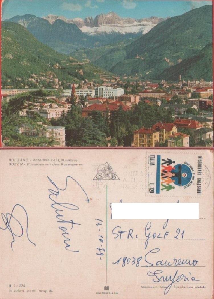 Bolzano panorama col Catinaccio. Viaggiata 1978