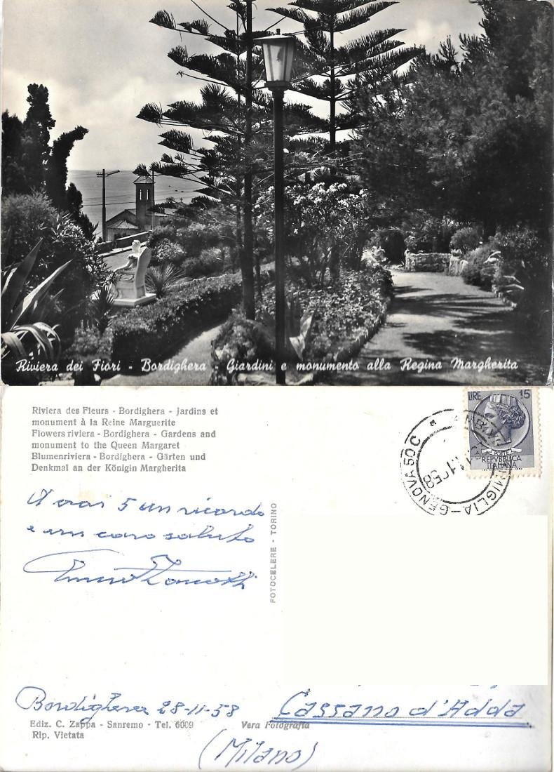 Bordighera. Giardini e Monumento alla Regina Margherita. Viaggiata 1958