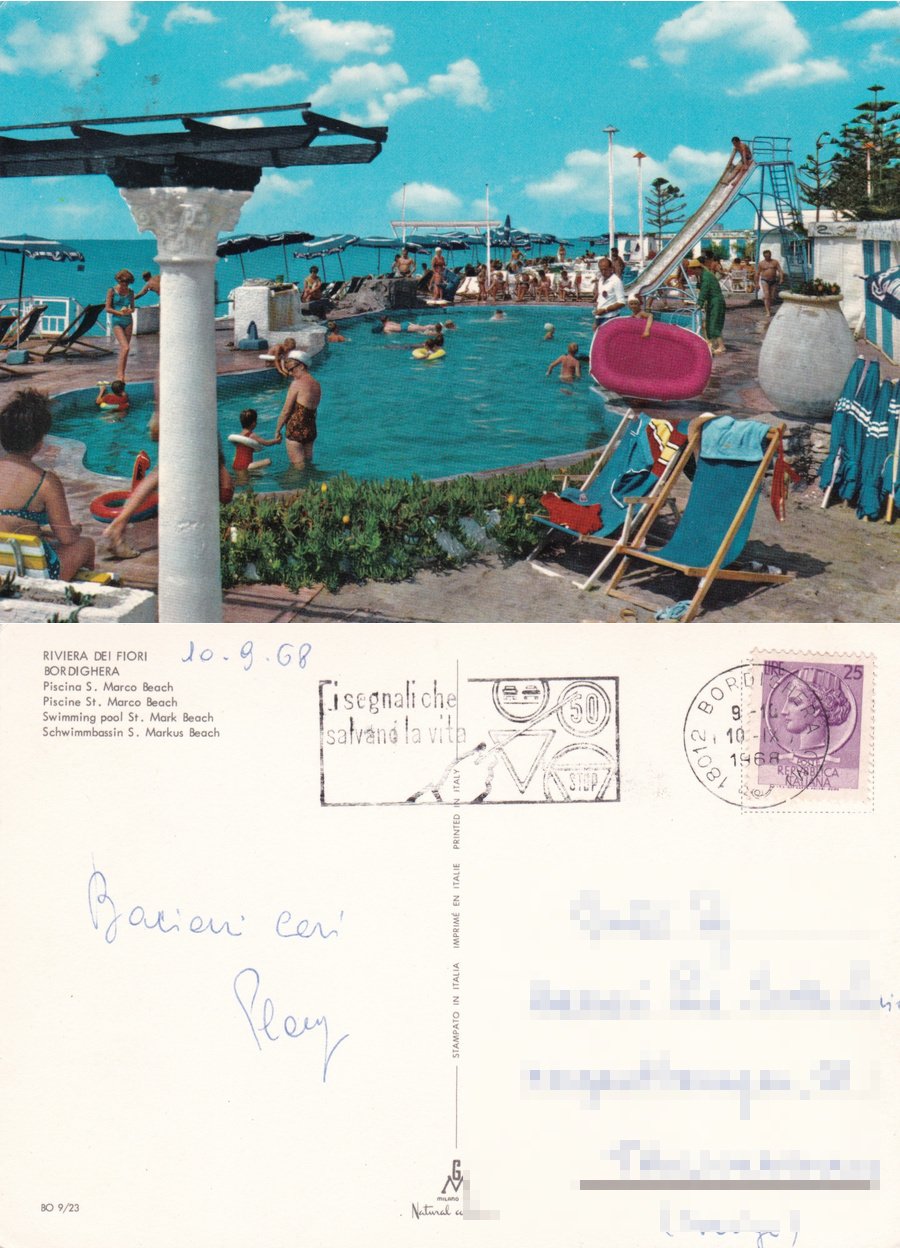 Bordighera (IM). Piscina S. Marco Beach. Viaggiata 1968