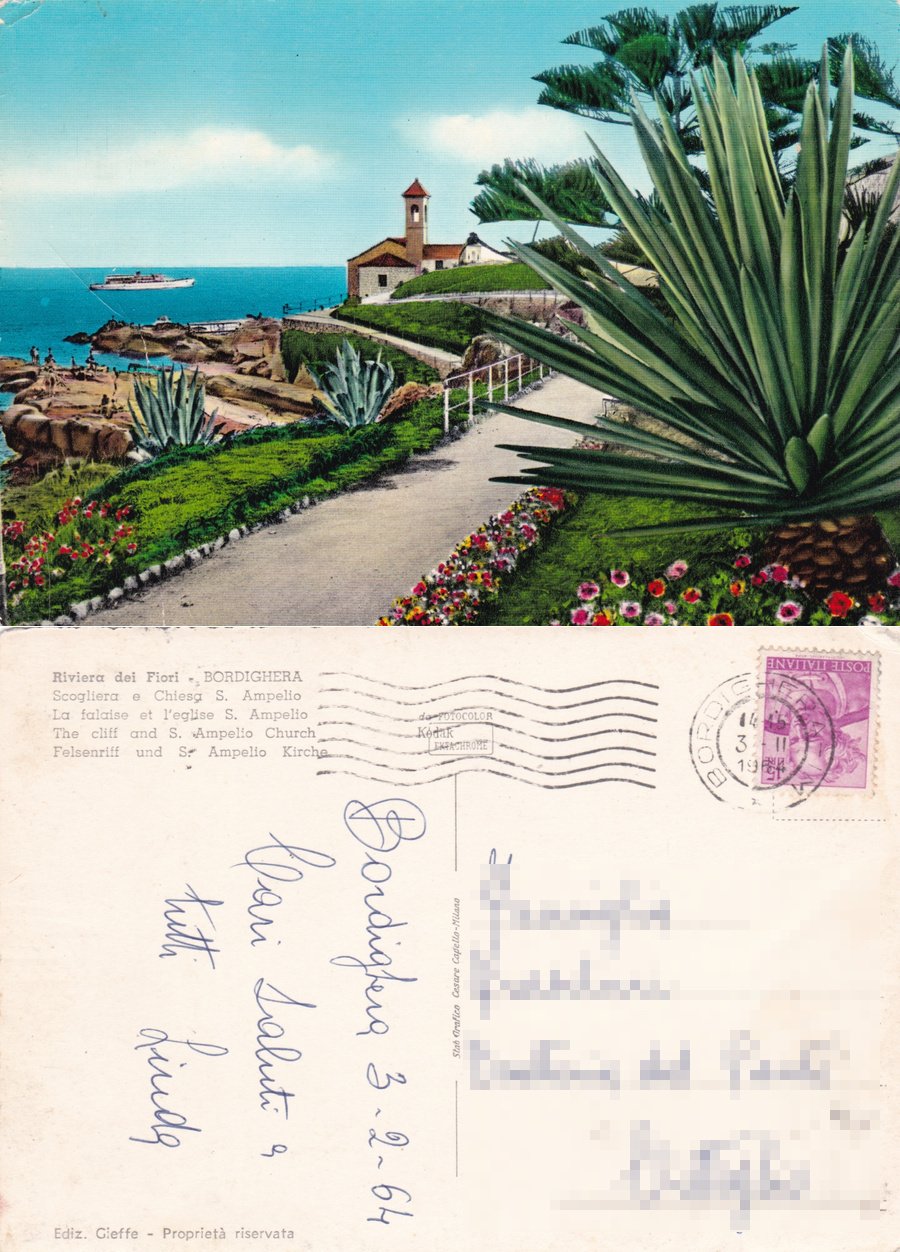 Bordighera (IM). Scogliera e chiesa S. Ampelio. Viaggiata 1964