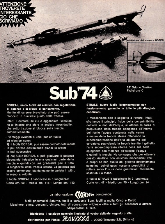 Boreal Mordem, fucile subacqueo ad elastico. Advertising 1974