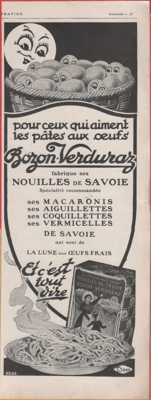 Bozon pates aux oeuf, Nouilles de Savoie. Advertising 1926