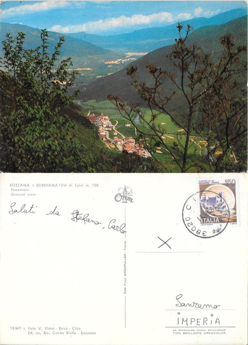 Bozzana e Bordiana (Val di Sole). Panorama. Viaggiata 1981