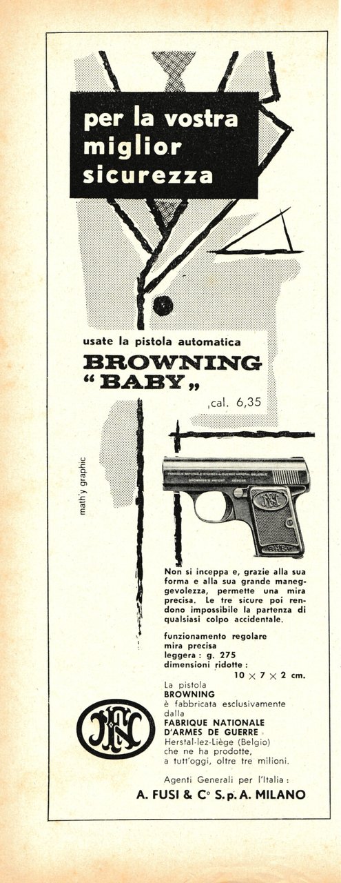 Browning Baby cal 6,35 per la vostra sicurezza. Advertising 1962