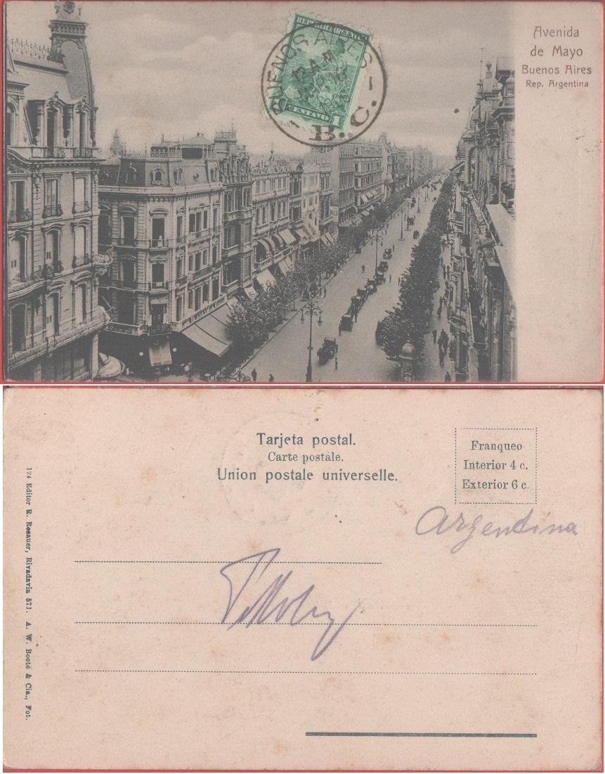 Buenos Aires. Avenida de Mayo. Viaggiata 1906. Carrozze, animata