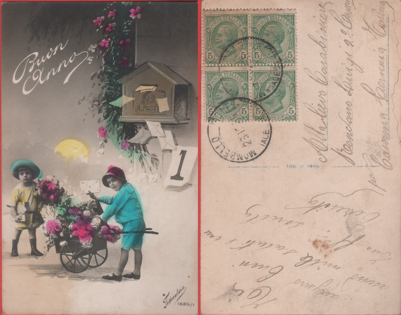 Buon Anno. Bambini con carretto di fiori. Colorata. Viaggiata 1935