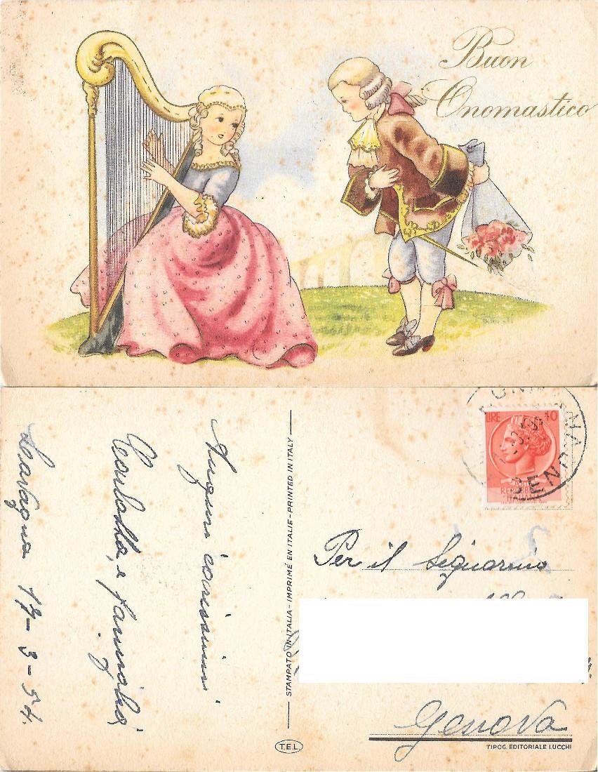Buon Onomastico. Arpista e giovanotto galante. Viaggiata 1954