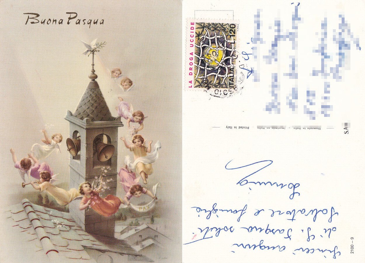 Buona Pasqua. Campanile con Angeli. Viaggiata