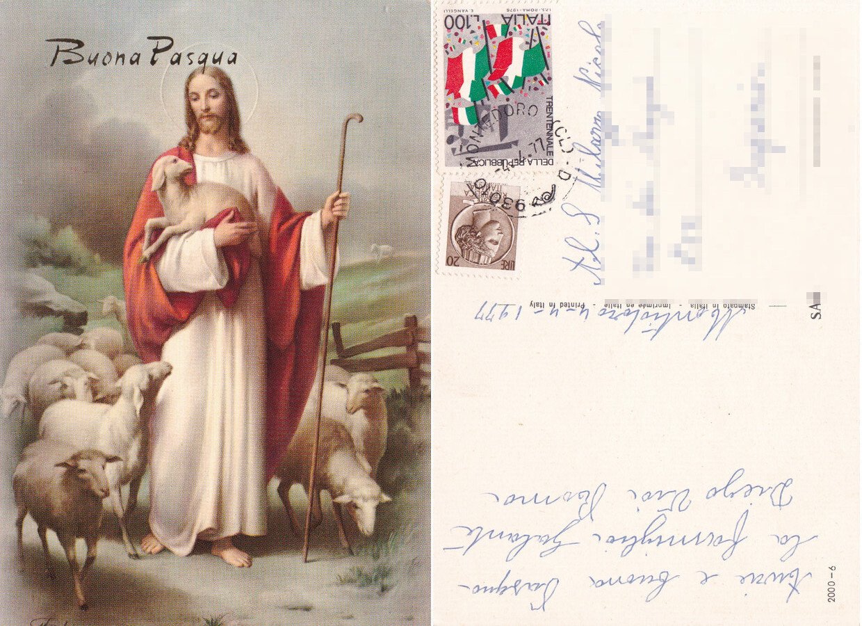 Buona Pasqua. Cristo con agnello. Viaggiata 1977