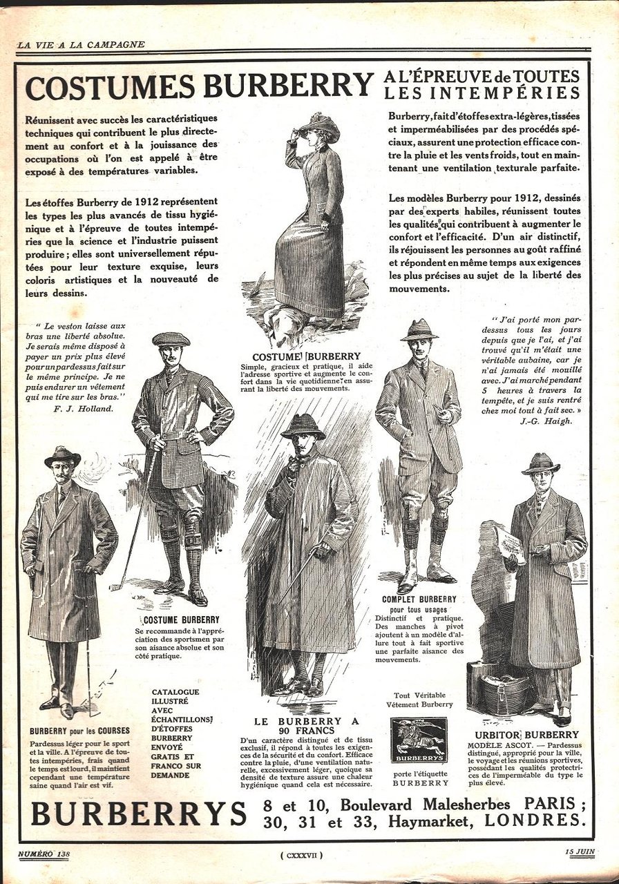 Burberrys. Al'epreuve de toutes le intemperies. Advertising 1912