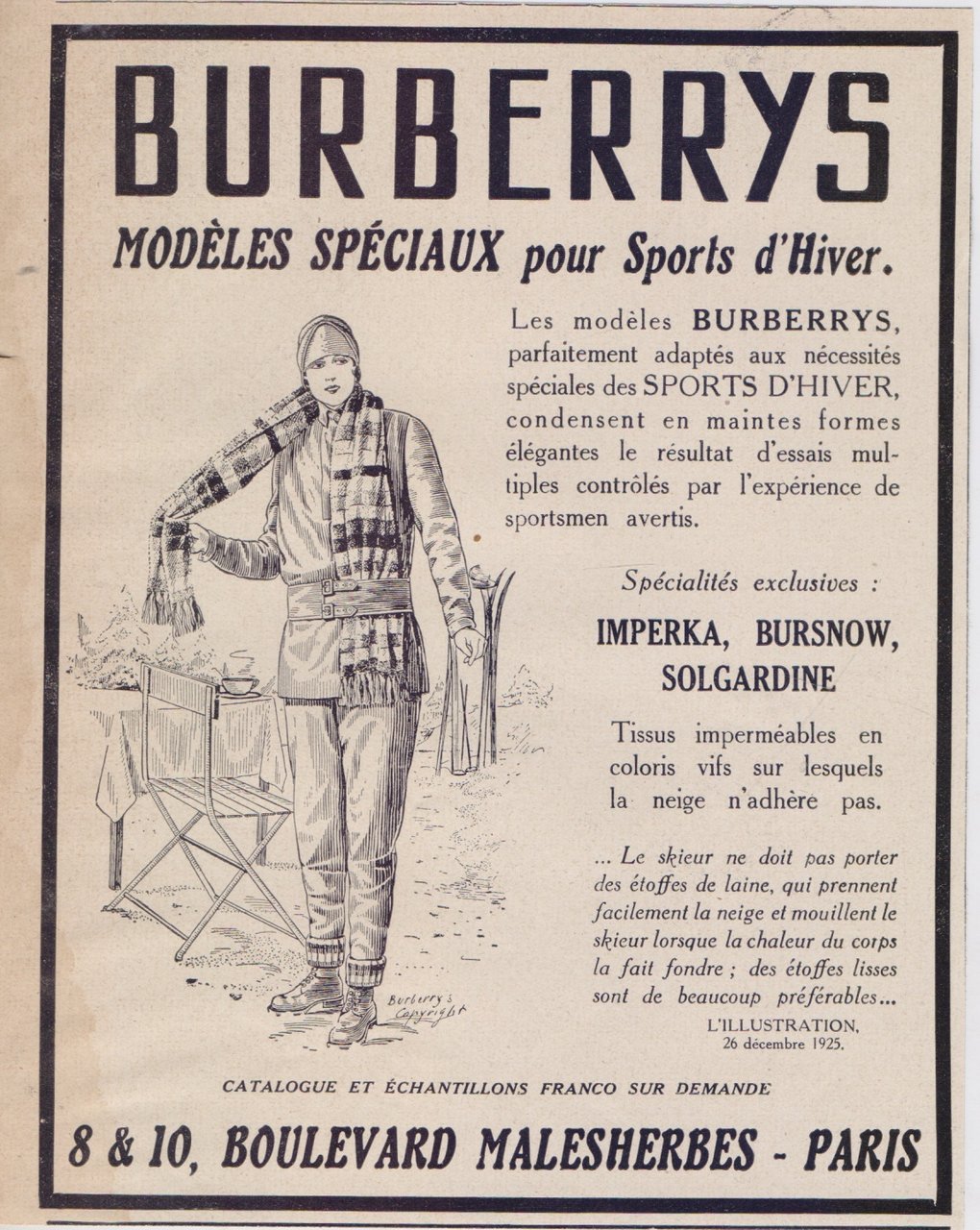 Burberrys modeles speciaux pour sports d'hiver. Advertising 1926