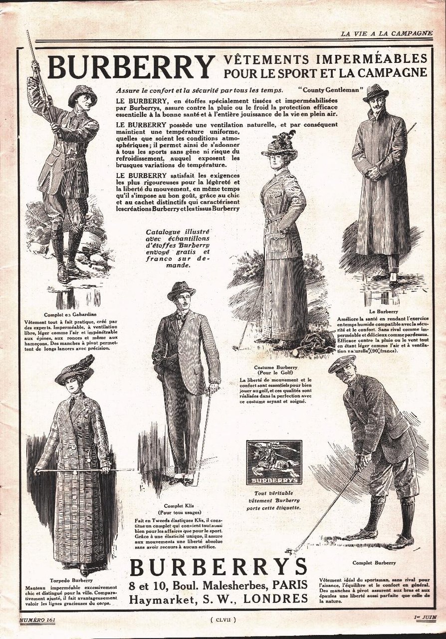 Burberrys. Vétements imperméables pour le sports e la campagne. Advertising …