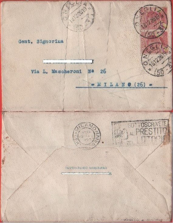 Busta affrancata 1926. Da Oneglia (IM) a Milano