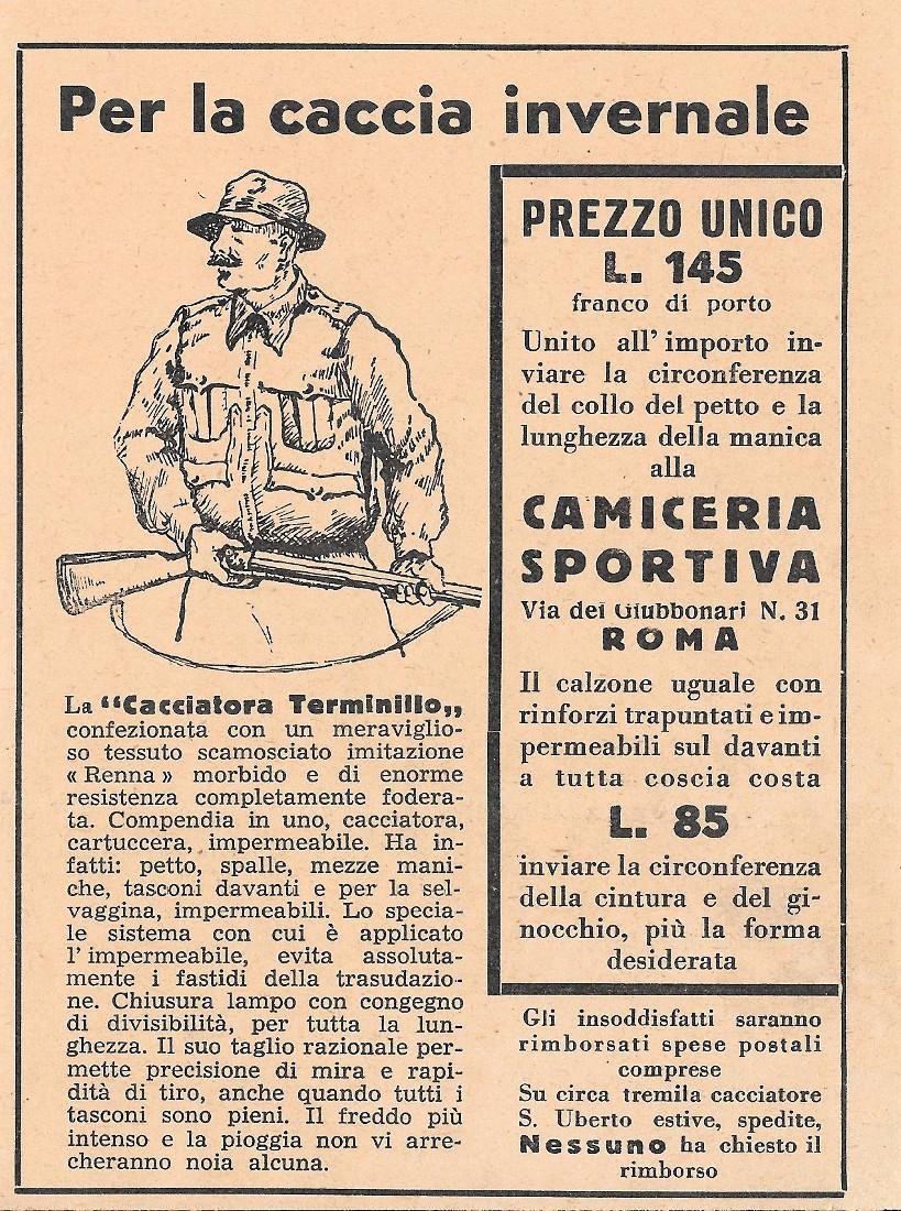 Cacciatore Terminillo per la caccia invernale. Advertising 1937