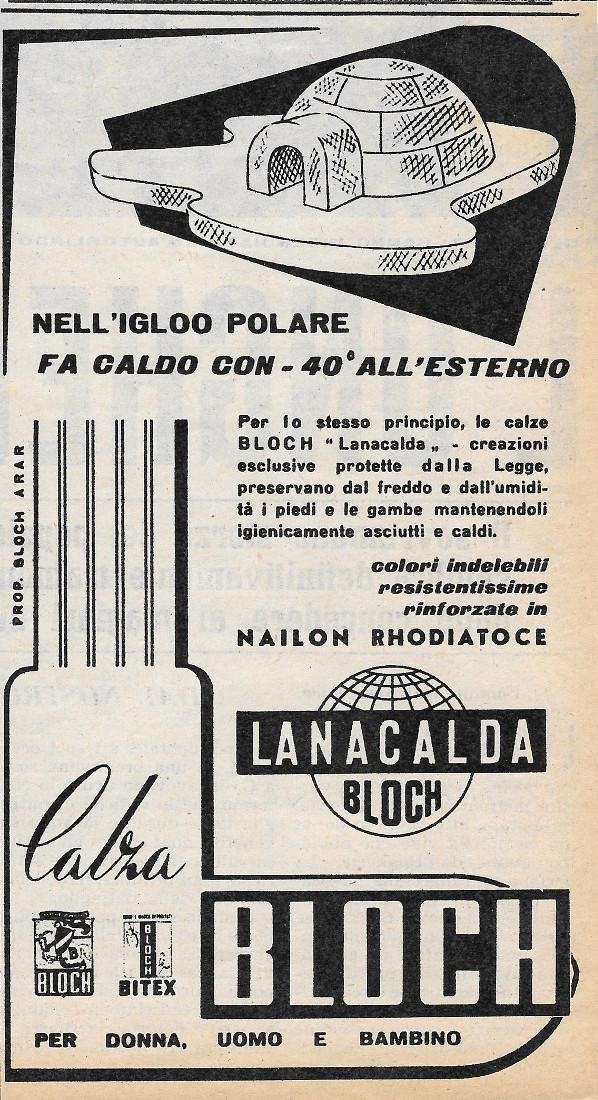 Calza Lanacalda Bloch per donna, uomo e bambino. Advertising 1956