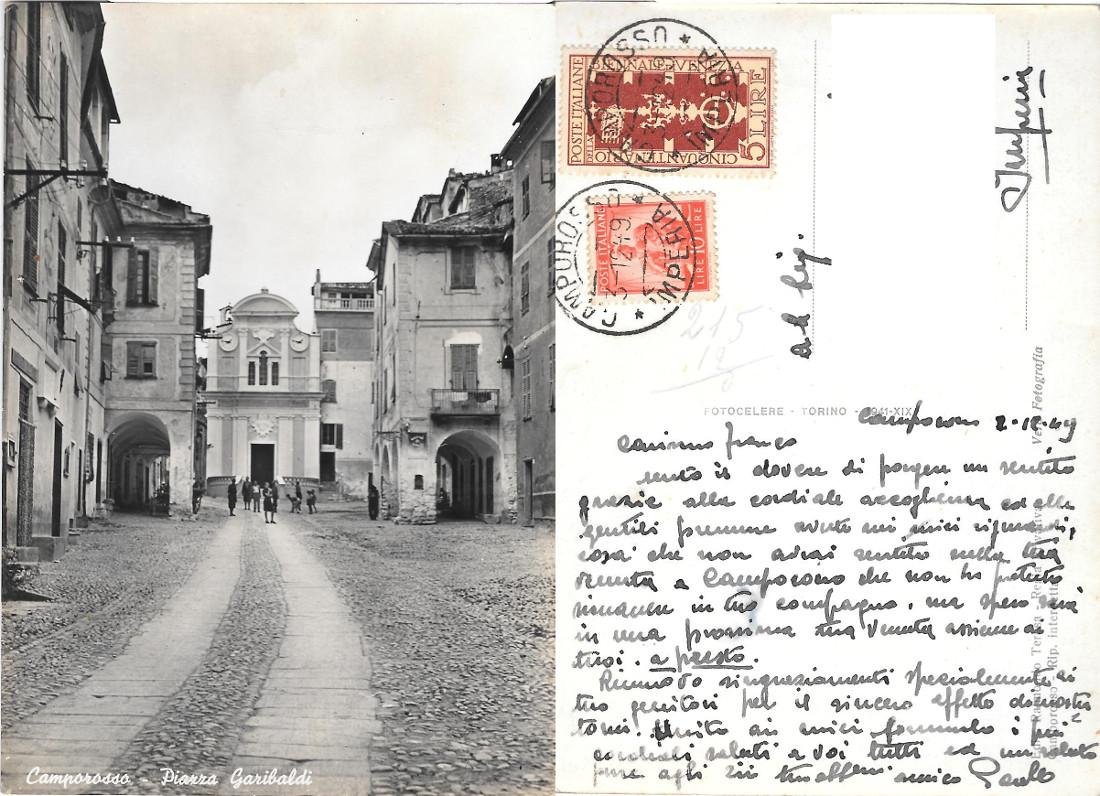 Camporosso (IM). Piazza Garibaldi. Viaggiata 1949. Animata