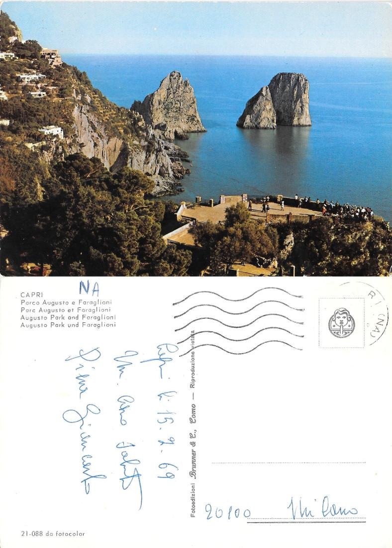 Capri. Parco Augusto e Faraglioni. Viaggiata 1969