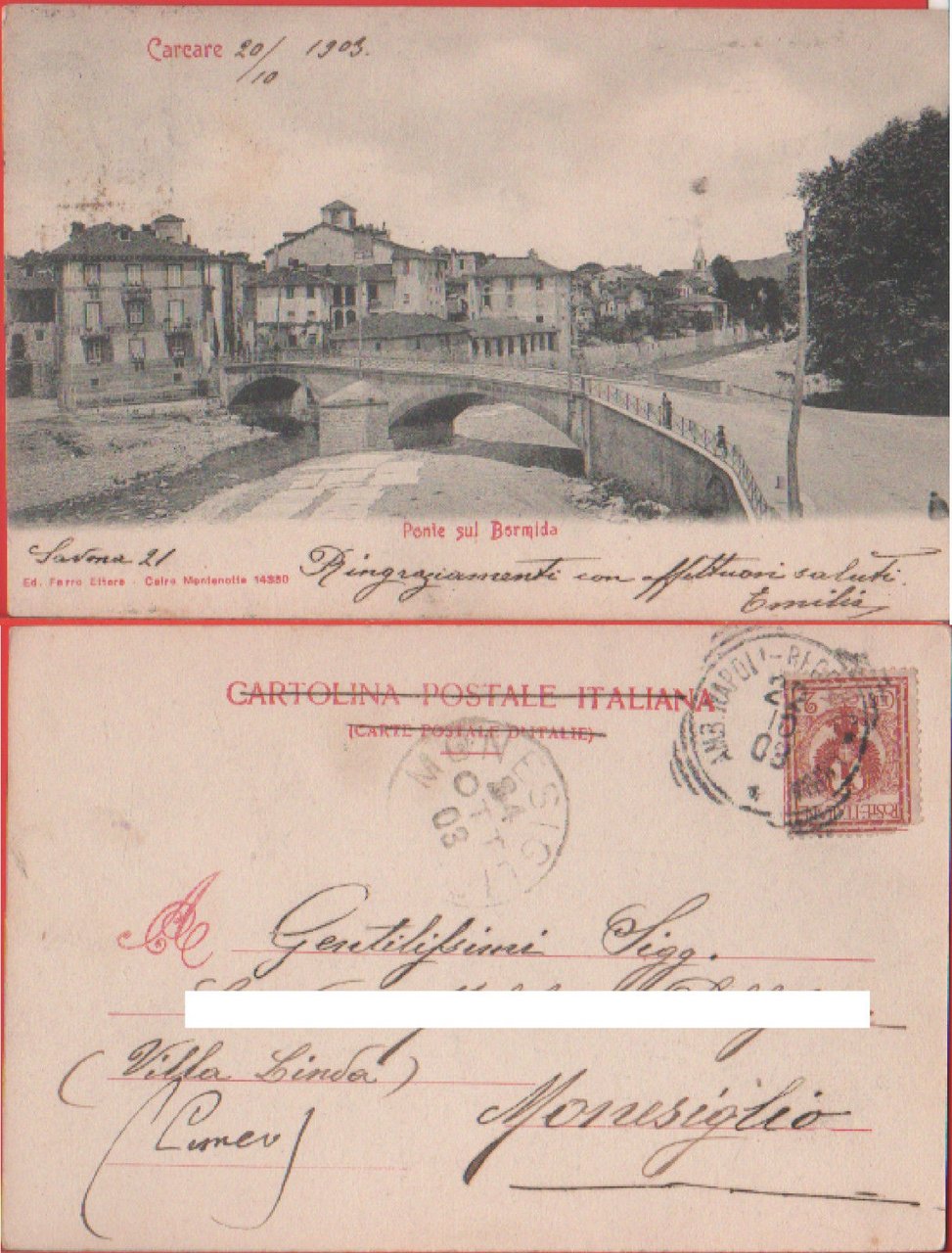 Carcare (SV). Ponte sul Bormida. Viaggiata 1903