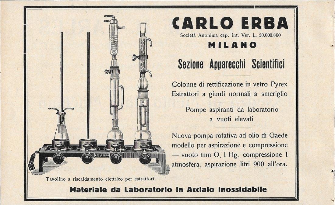 Carlo Erba. Sezione Apparecchi Scientifici. Advertising 1943