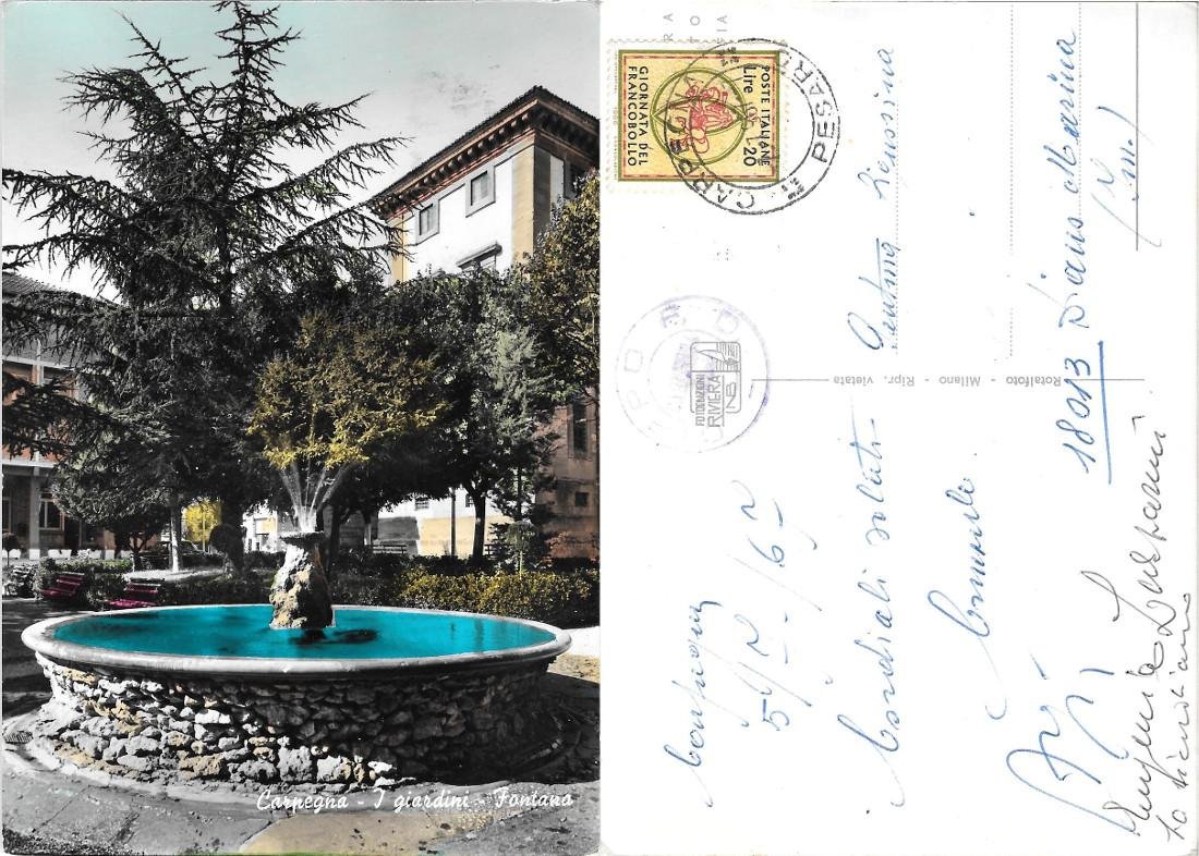Carpegna (PU). I giardini, fontana. Viaggiata 1967