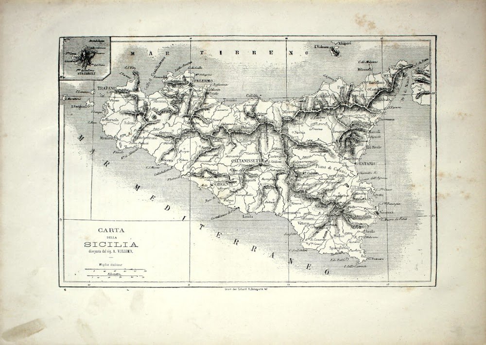 Carta della Sicilia/Tipi e costumi siciliani. Stampa 1864