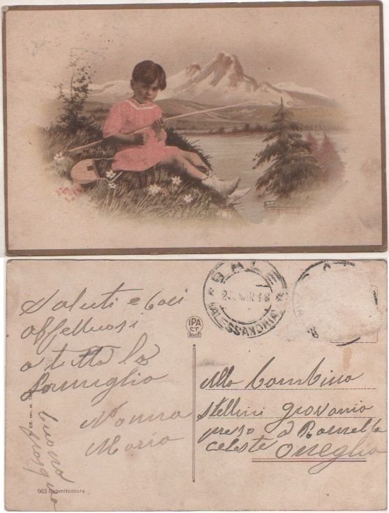 Cartolina - Bambino con canna da pesca - Viaggiata 1918
