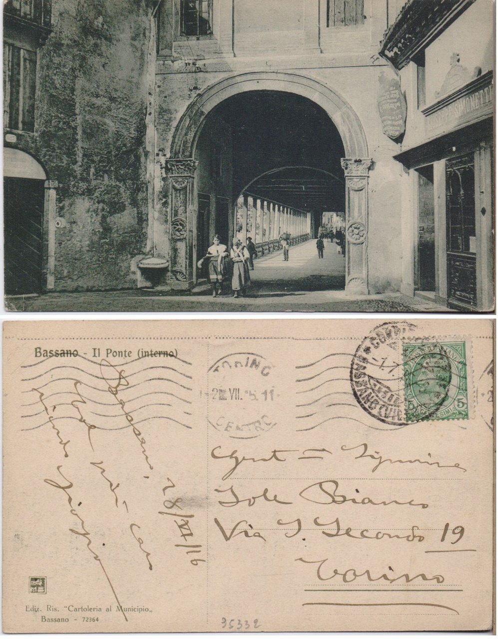 Cartolina - Bassano. Il ponte. Animata, donne in costume, viaggiata …