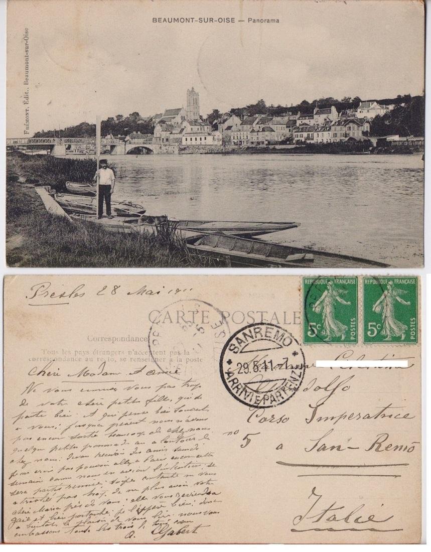 Cartolina - Beaumont-sur-Oise. Viaggiata 1911, cannottiere, barche