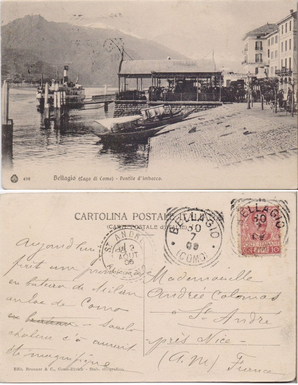 Cartolina - Bellagio. Pontile d'imbarco. Viaggiata 1906, battello, barca, animata