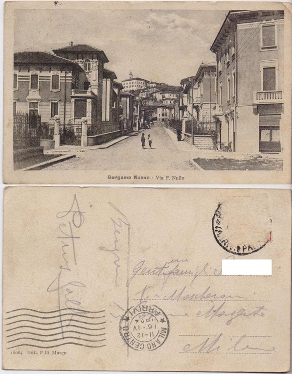 Cartolina -  Bergamo Nuova. Via Nullo. Viaggiata 1924, animata