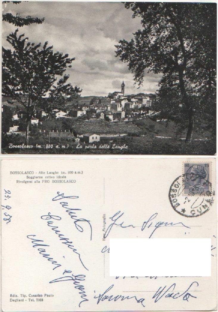 Cartolina - Bossolasco. La perla delle Langhe. Viaggiata 1985
