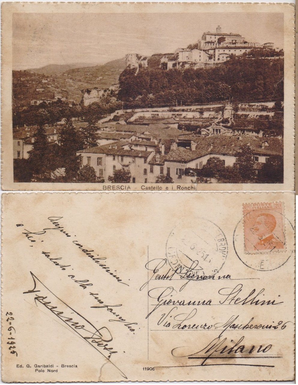 Cartolina - Brescia. Castello e i Ronchi. Viaggiata 1925