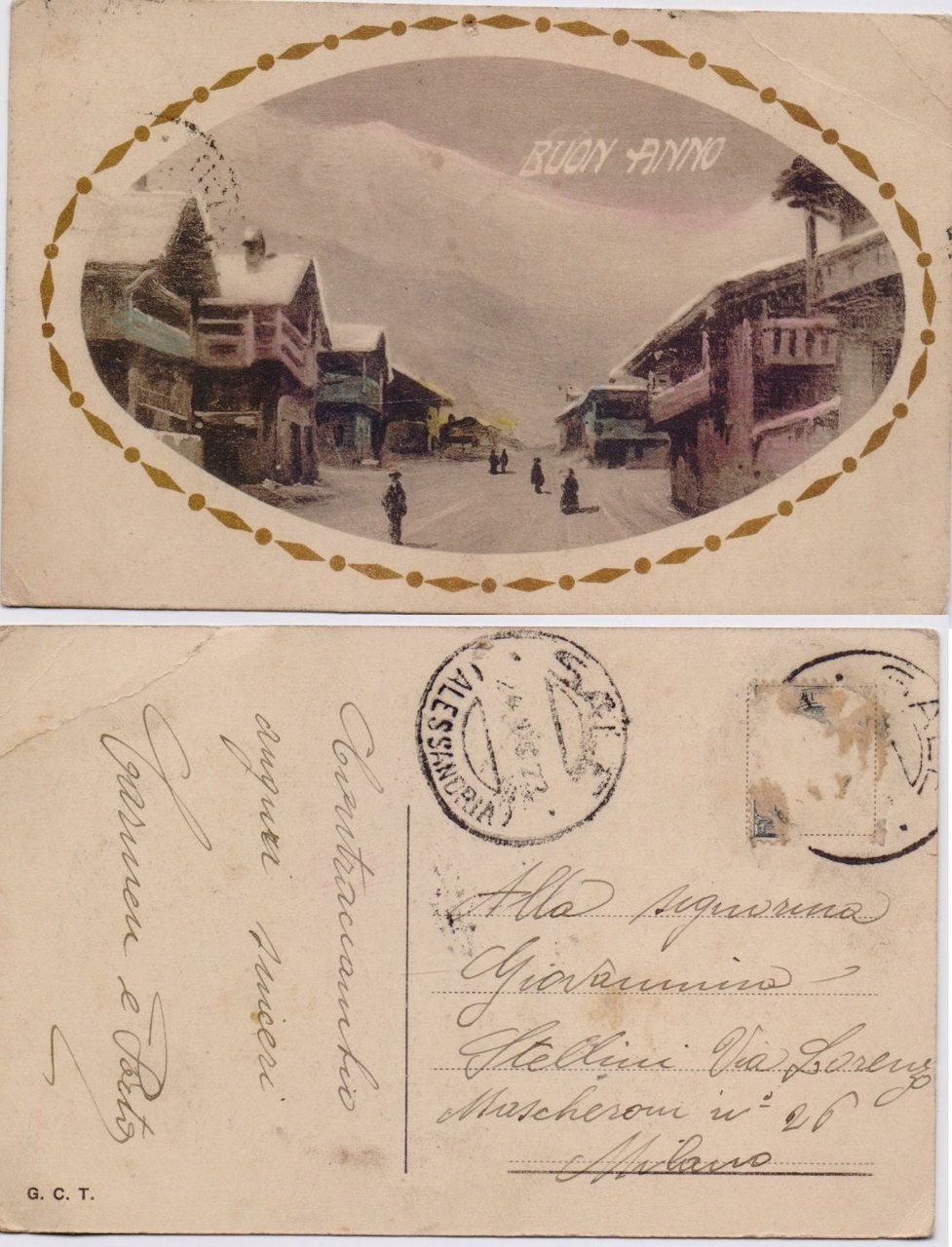 Cartolina - Buon Anno. Paesaggio animato - Viaggiata 1925