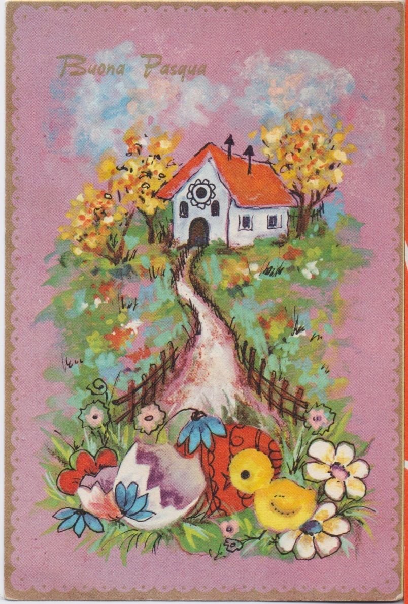 Cartolina - Buona Pasqua. Casetta con uovo e pulcino