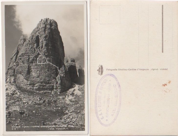 Cartolina - Cinque torri. Torre grande. Parete sud. Via Miriam …