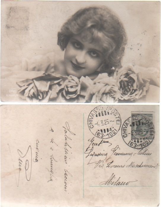 Cartolina - Donna con rose. Viaggiata 1925