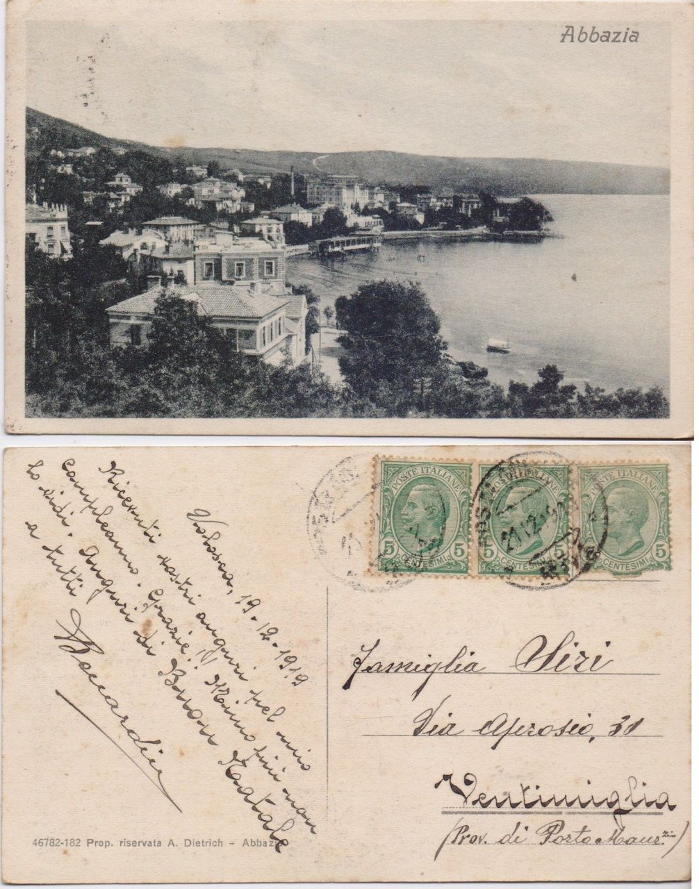 Cartolina - Ex possedimenti. Croazia. Abbazia Opatija. Viaggiata 1919