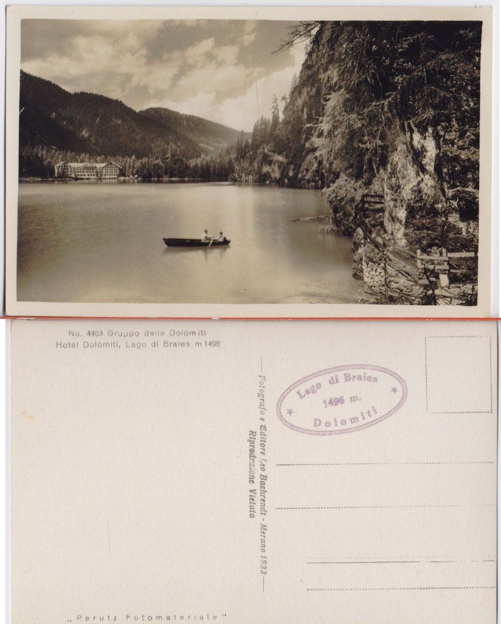 Cartolina - Hotel Dolomiti. Lago di Braies con timbro