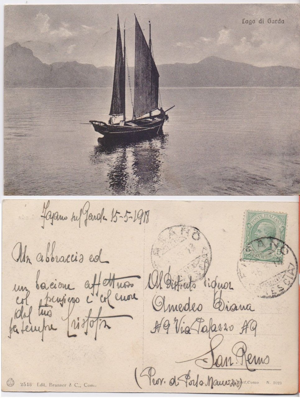 Cartolina - Lago di Garda. Barca a vela. Viaggiata 1918