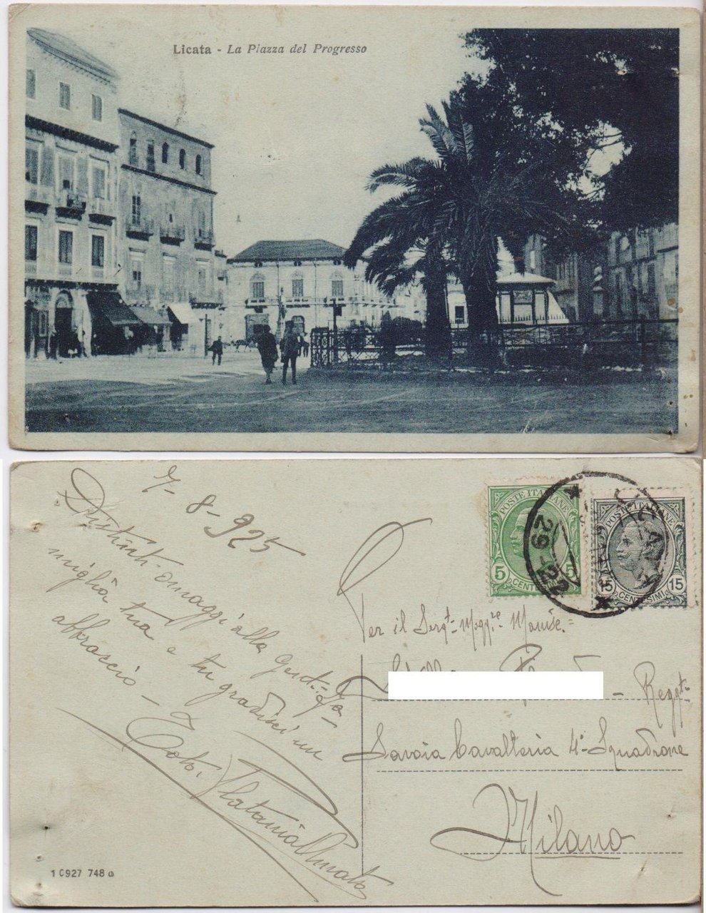 Cartolina - Licata. La piazza del progresso. Viaggiata 1925, animata