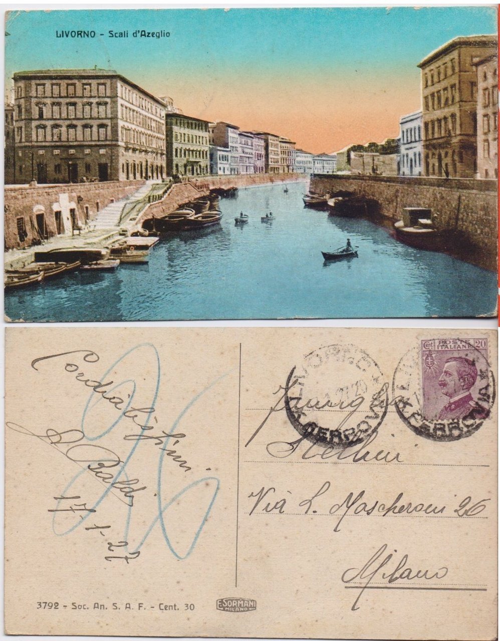 Cartolina - Livorno. Scali d'Azeglio. Viaggiata1927, colorata