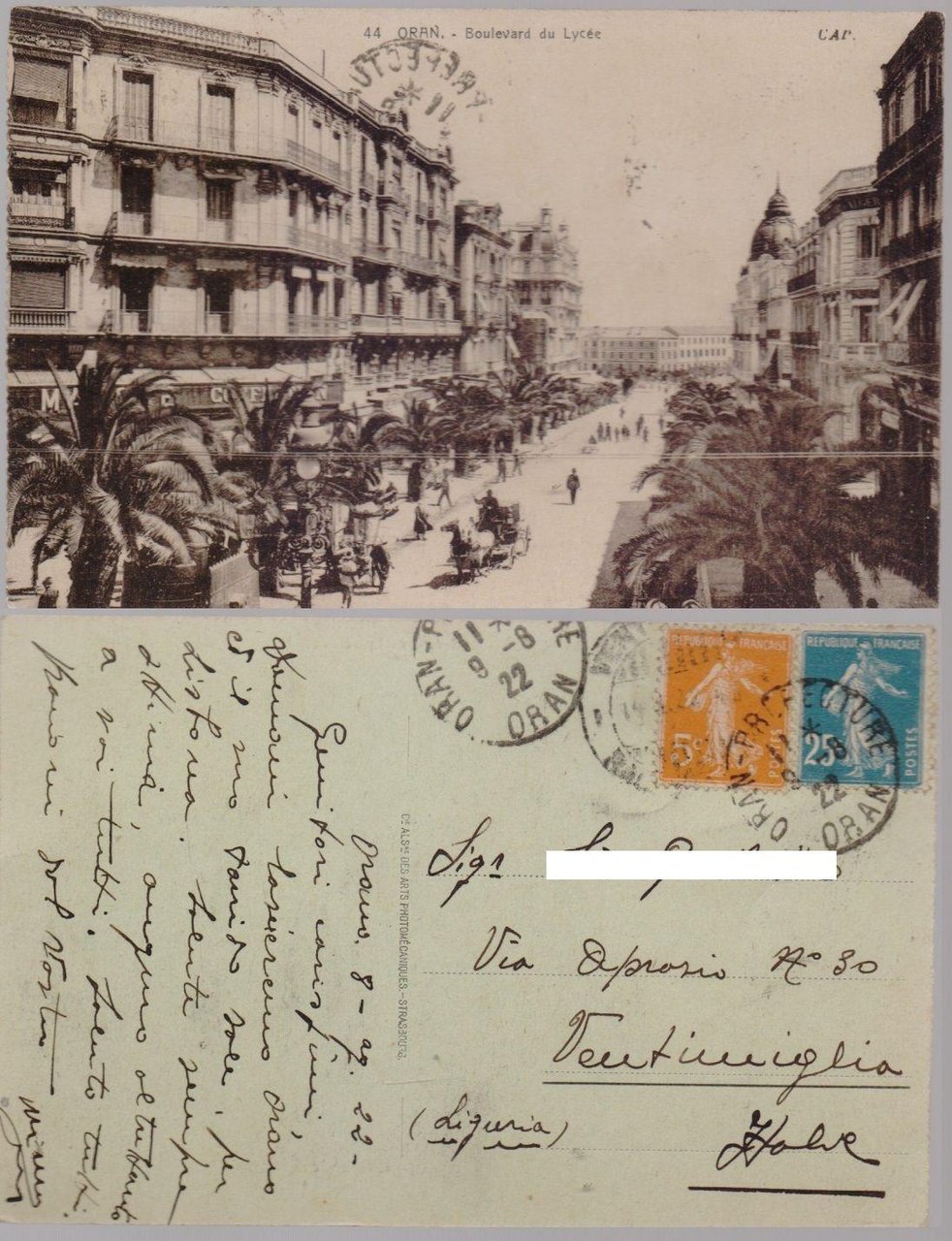 Cartolina - Oran. Boulevard du Lycée. Viaggiata 1922, animata, carrozza